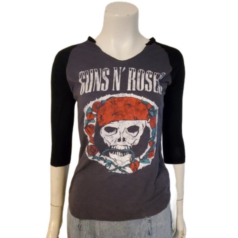 Guns N Roses Raglan Tee Womens Gray with Black 3/4 Sleeves || Small EUC